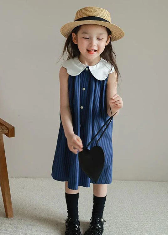 Boutique Blue Peter Pan Collar Striped Patchwork Cotton Baby Girls Dresses Summer - Image 4