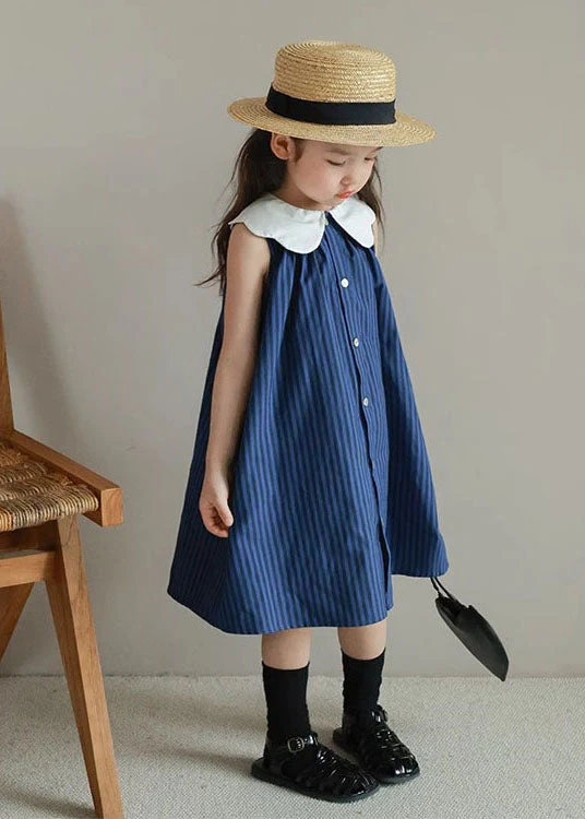 Boutique Blue Peter Pan Collar Striped Patchwork Cotton Baby Girls Dresses Summer - Image 5