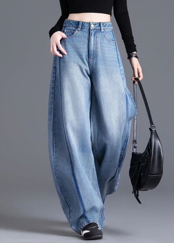 Boutique Blue Pockets Patchwork High Waist Denim Pants Spring - Image 2