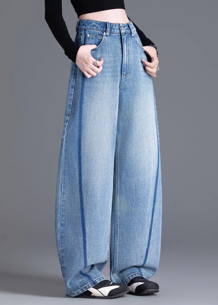 Boutique Blue Pockets Patchwork High Waist Denim Pants Spring - Image 3