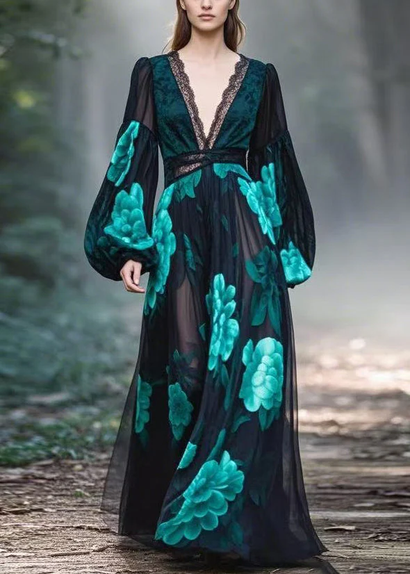 Boutique Blue Print Original Design Chiffon Maxi Dresses Spring - Image 5