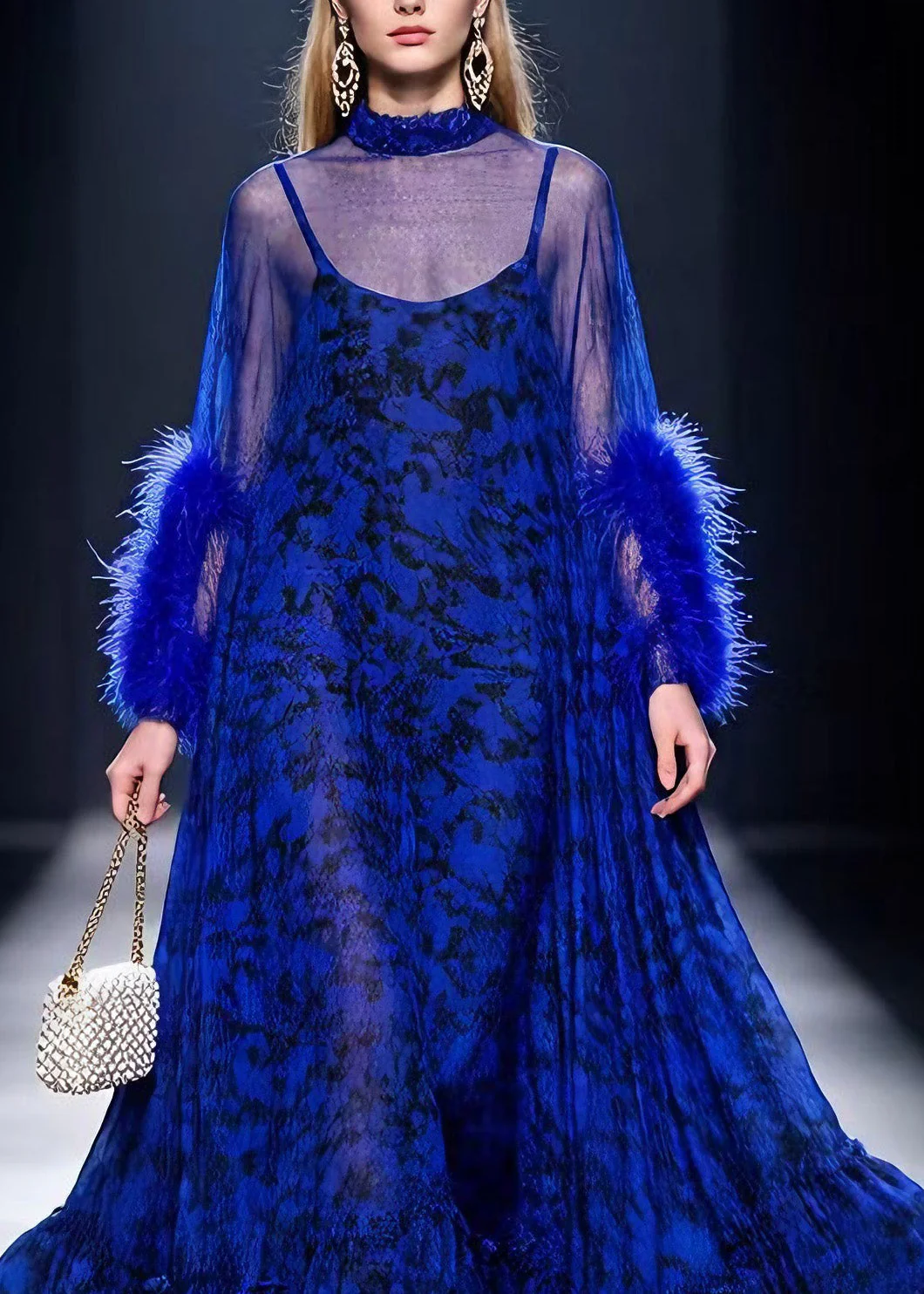Boutique Blue Print Ruffled Fur Patchwork Cotton Maxi Dresses Spring - Image 2
