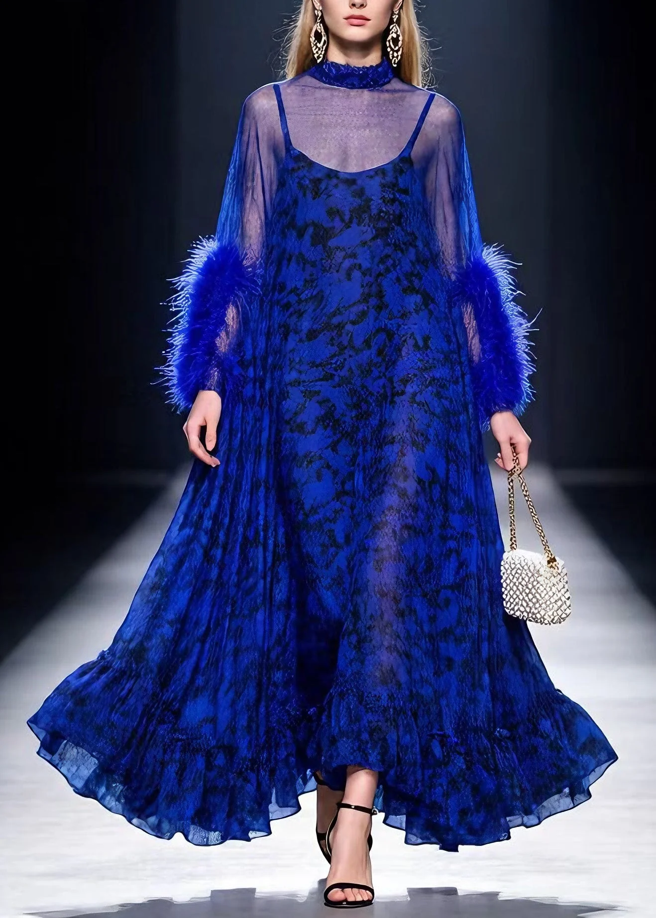 Boutique Blue Print Ruffled Fur Patchwork Cotton Maxi Dresses Spring - Image 3
