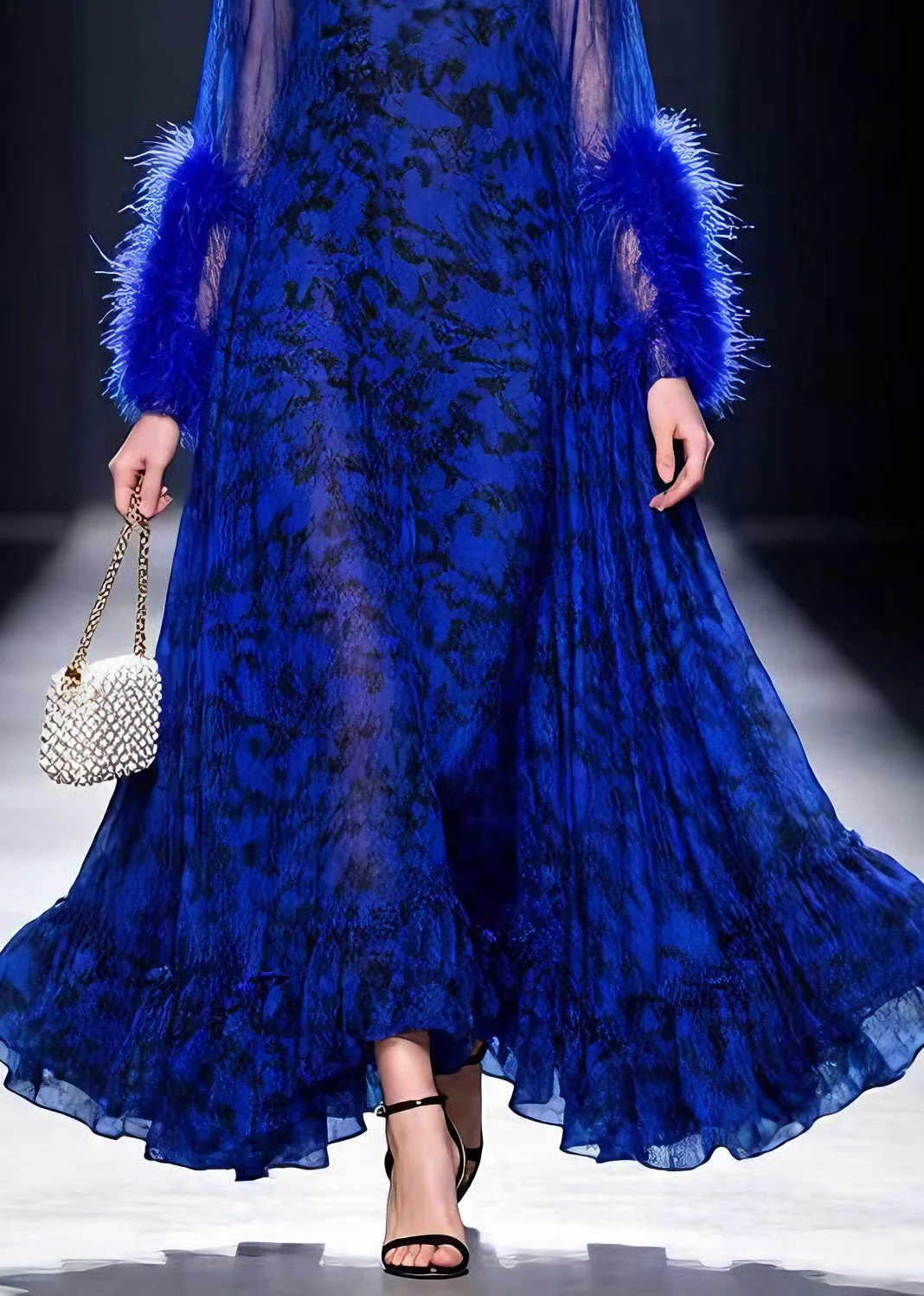 Boutique Blue Print Ruffled Fur Patchwork Cotton Maxi Dresses Spring - Image 4