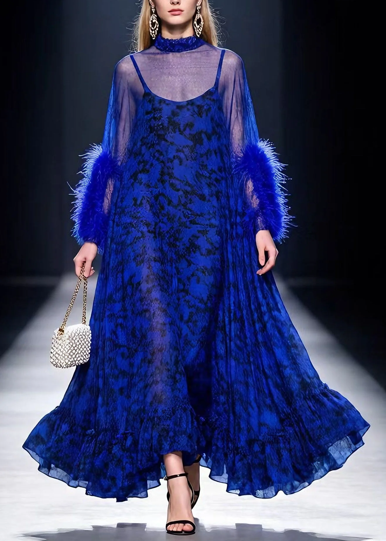 Boutique Blue Print Ruffled Fur Patchwork Cotton Maxi Dresses Spring - Image 5