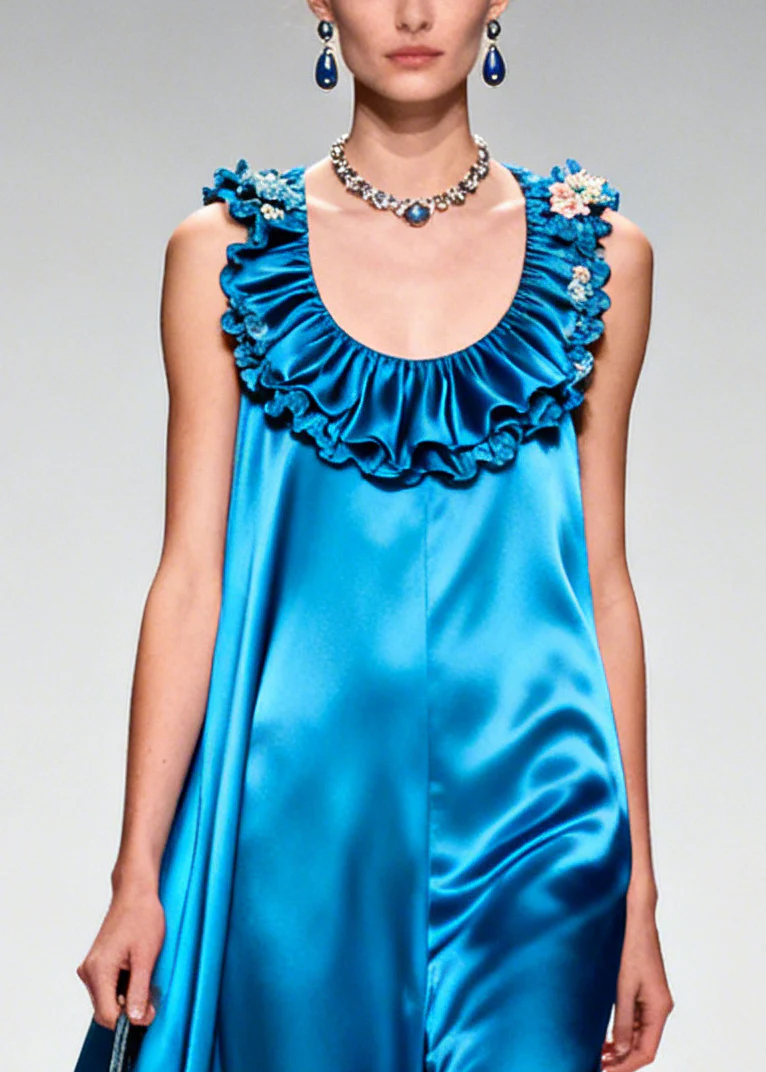 Boutique Blue Ruffled Exra Large Hem Silk Long Dress Summer - Image 2