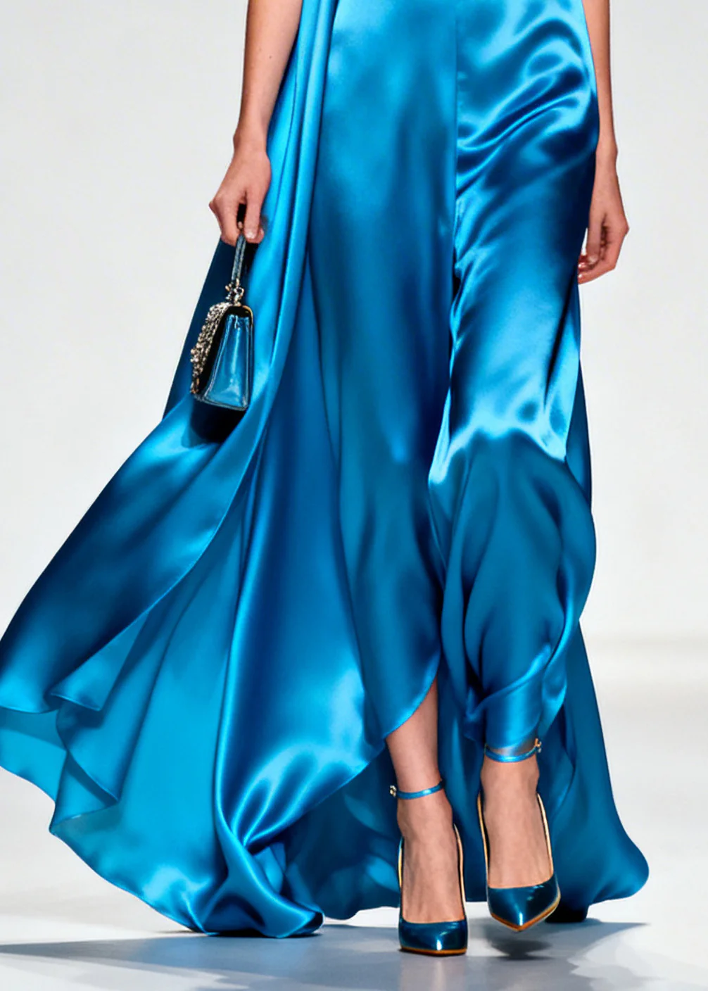 Boutique Blue Ruffled Exra Large Hem Silk Long Dress Summer - Image 4