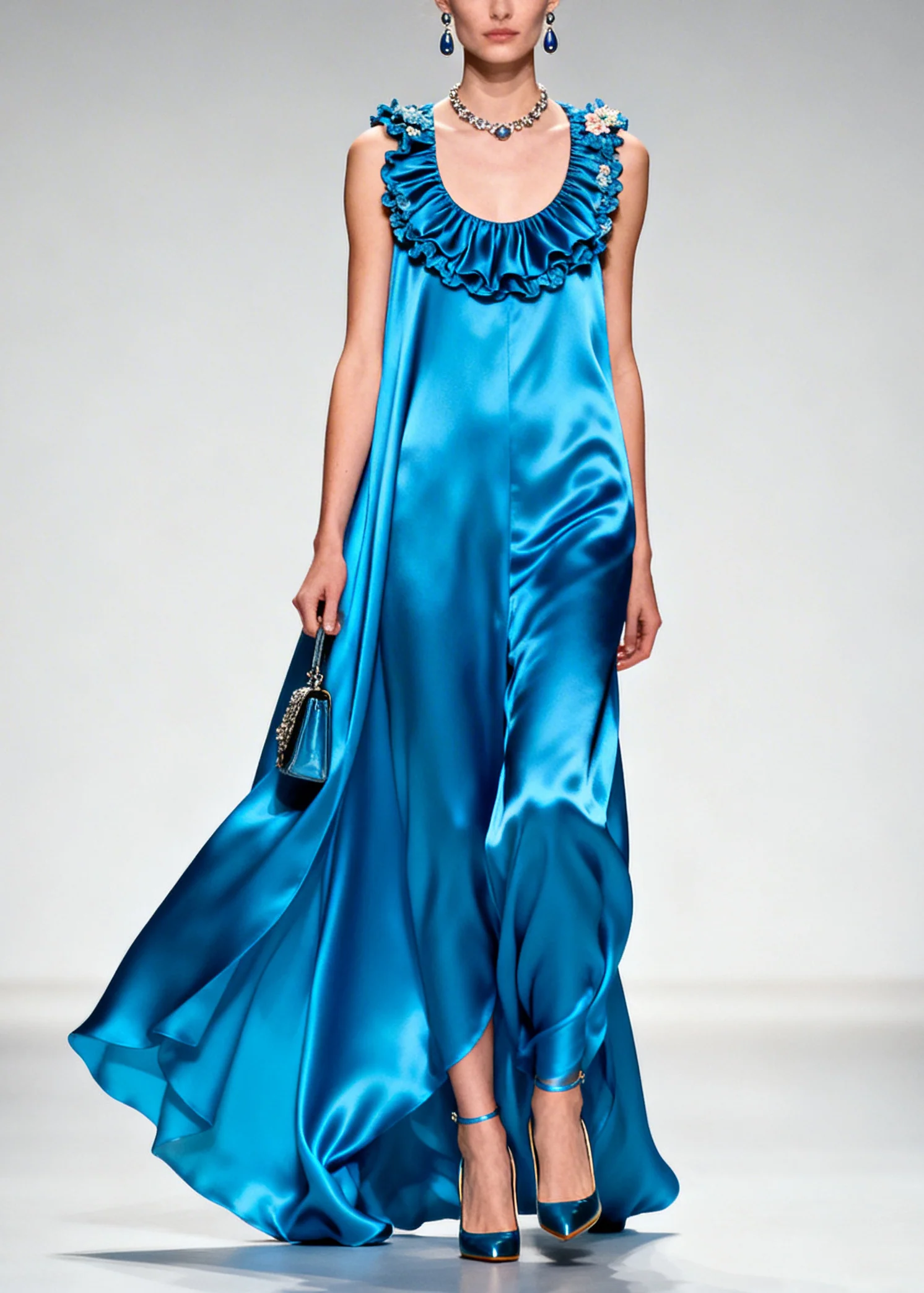 Boutique Blue Ruffled Exra Large Hem Silk Long Dress Summer - Image 5