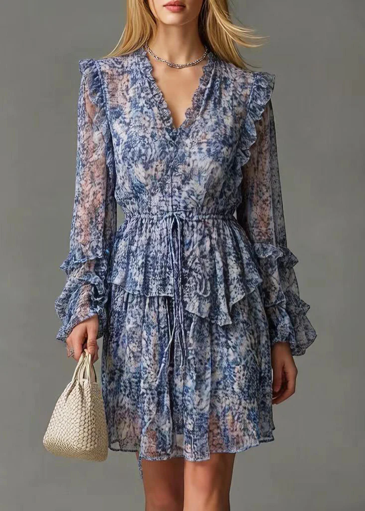 Boutique Blue Ruffled Print Chiffon Cinched Dresses Spring - Image 3