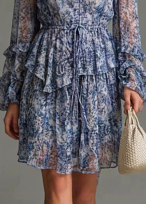 Boutique Blue Ruffled Print Chiffon Cinched Dresses Spring - Image 4