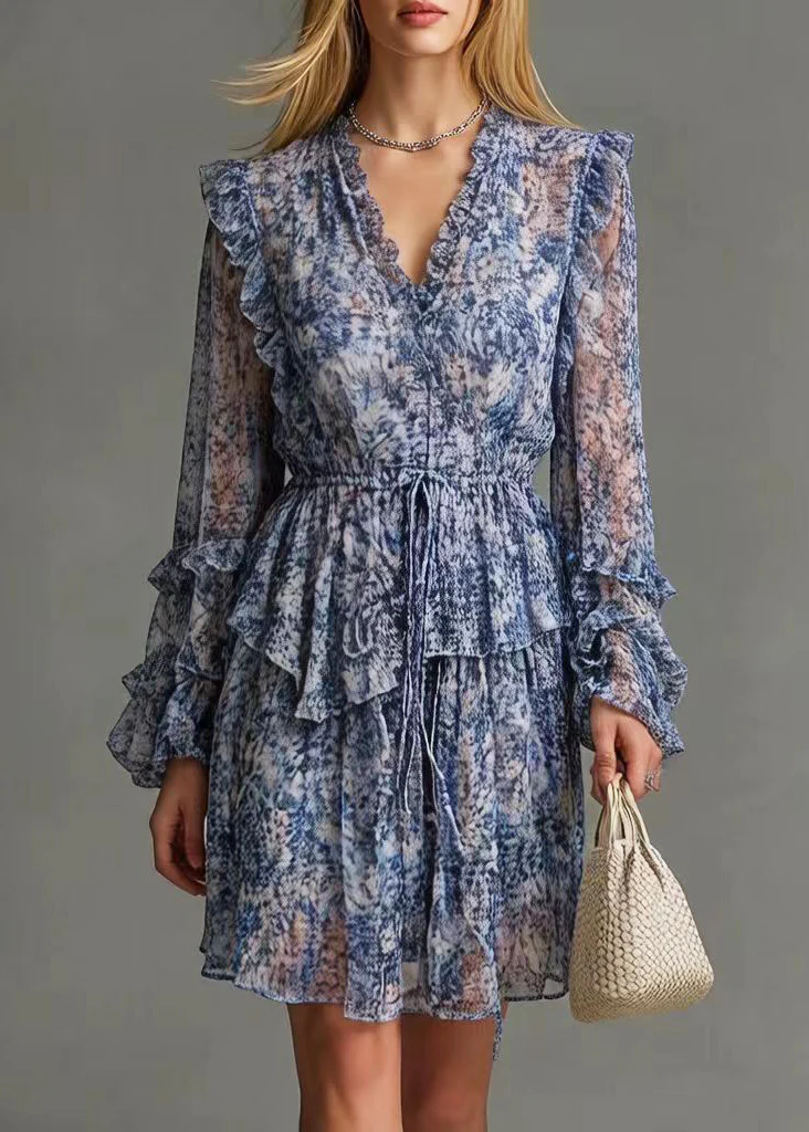 Boutique Blue Ruffled Print Chiffon Cinched Dresses Spring - Image 5