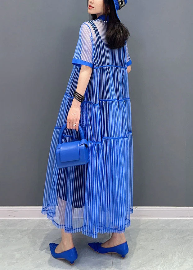 Boutique Blue Striped Peter Pan Collar Patchwork Tulle Shirts Dress Summer - Image 4