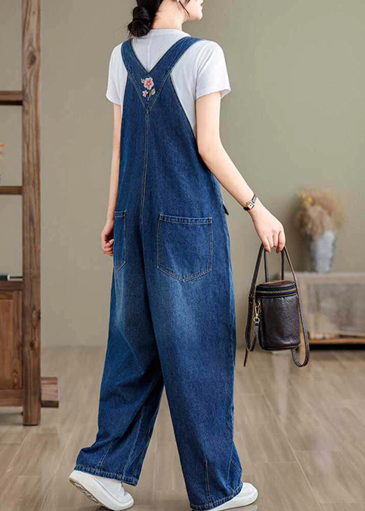 Boutique Blue V Neck Asymmetrical Pockets Denim Jumpsuit Summer - Image 5