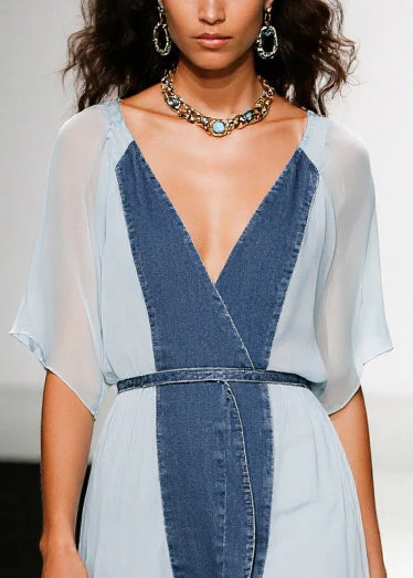 Boutique Blue V Neck Patchwork Chiffon Tea Dress Summer - Image 2