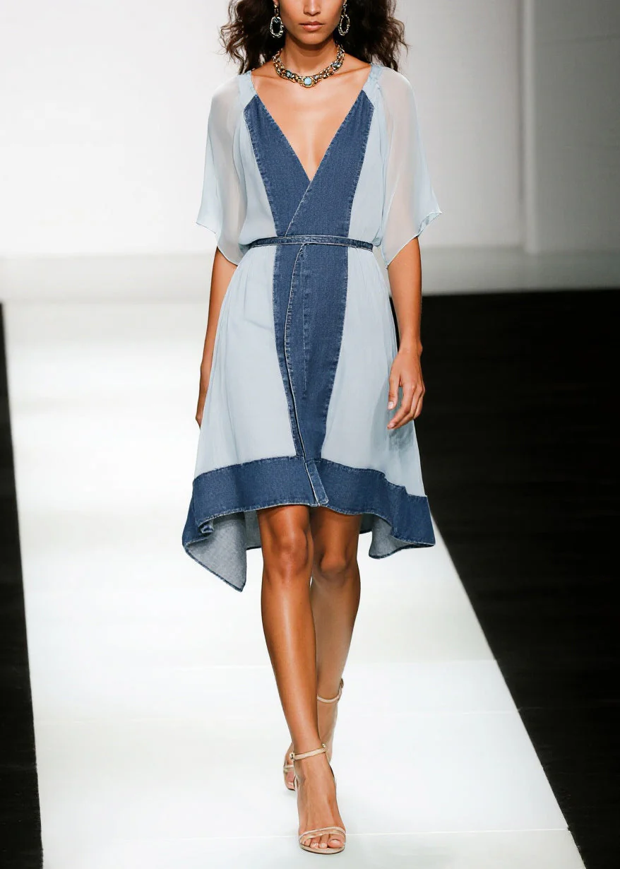 Boutique Blue V Neck Patchwork Chiffon Tea Dress Summer - Image 3