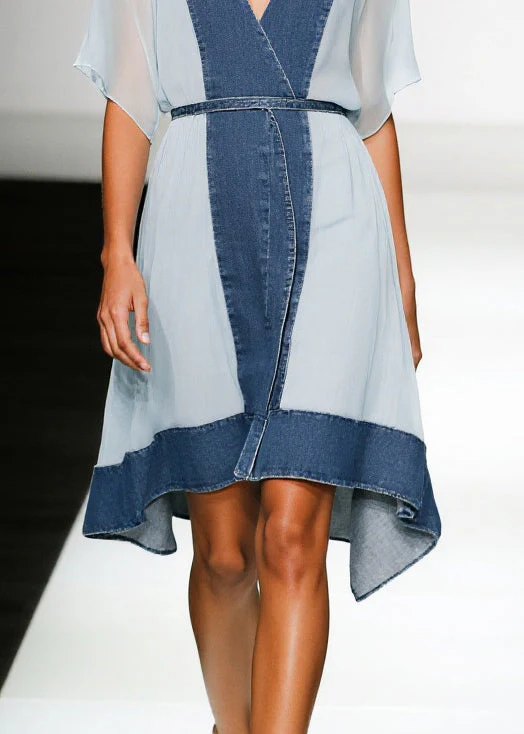 Boutique Blue V Neck Patchwork Chiffon Tea Dress Summer - Image 4