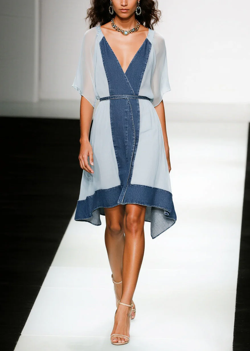Boutique Blue V Neck Patchwork Chiffon Tea Dress Summer - Image 5