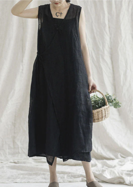 Boutique Blue V Neck Pockets Linen Dresses Sleeveless - Image 2