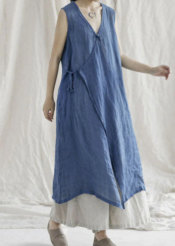 Boutique Blue V Neck Pockets Linen Dresses Sleeveless - Image 3