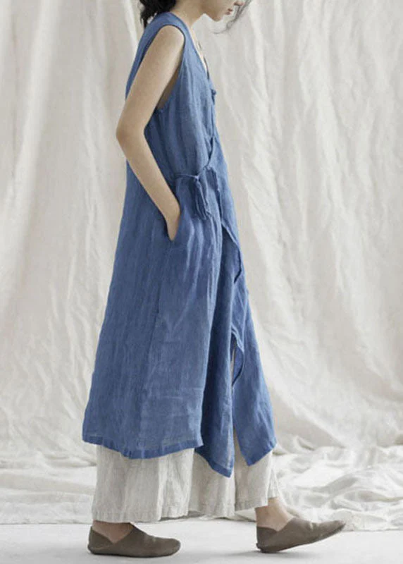 Boutique Blue V Neck Pockets Linen Dresses Sleeveless - Image 4