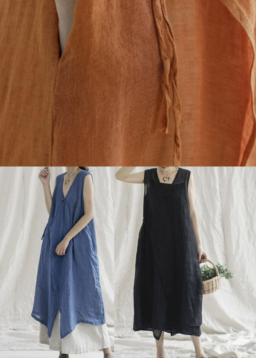 Boutique Blue V Neck Pockets Linen Dresses Sleeveless - Image 5