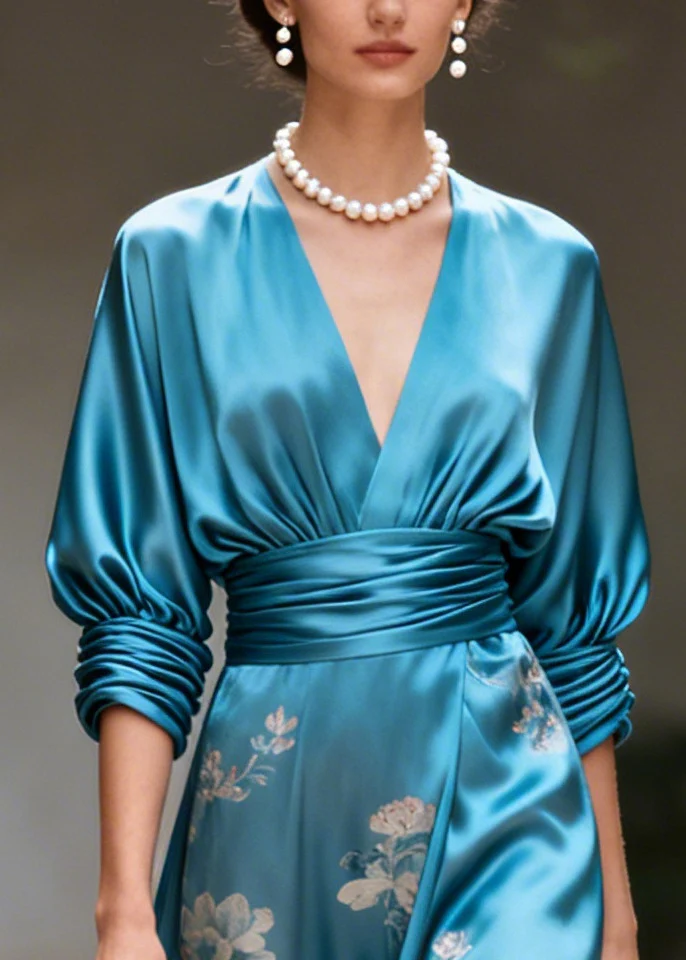 Boutique Blue V Neck Print Silk Holiday Dresses Summer - Image 2