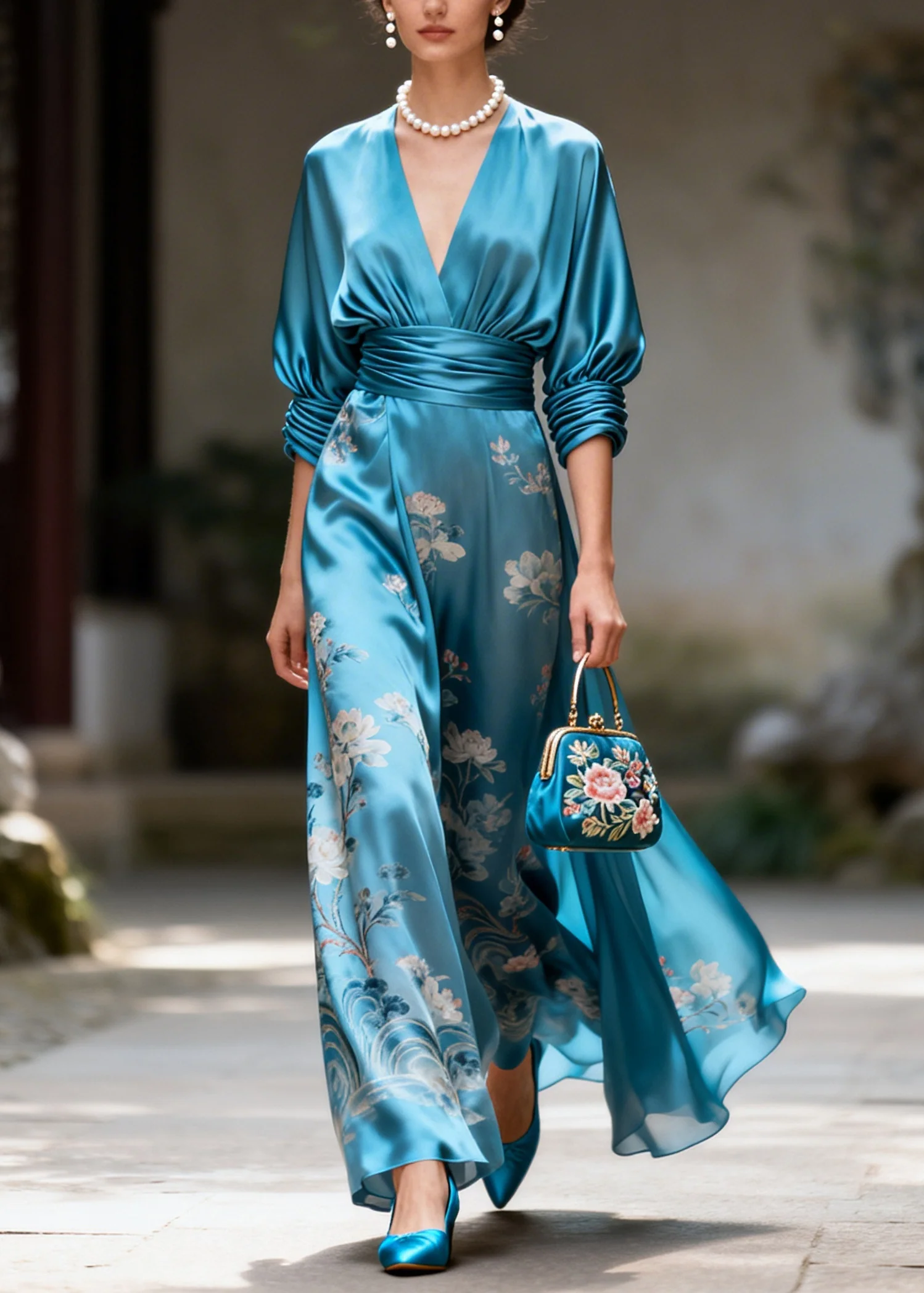 Boutique Blue V Neck Print Silk Holiday Dresses Summer - Image 3