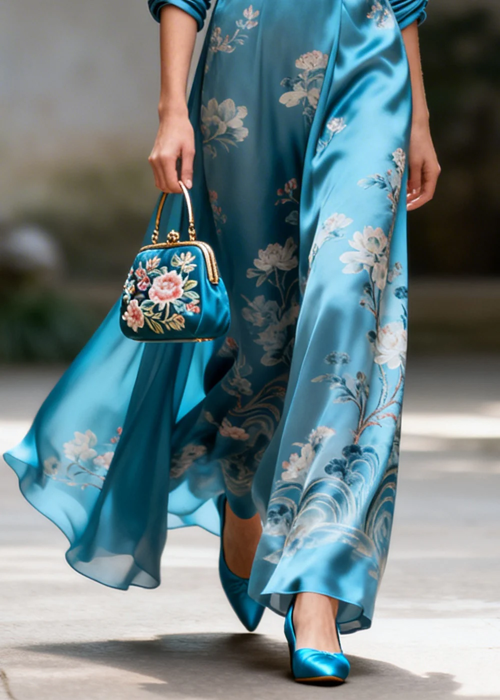 Boutique Blue V Neck Print Silk Holiday Dresses Summer - Image 4