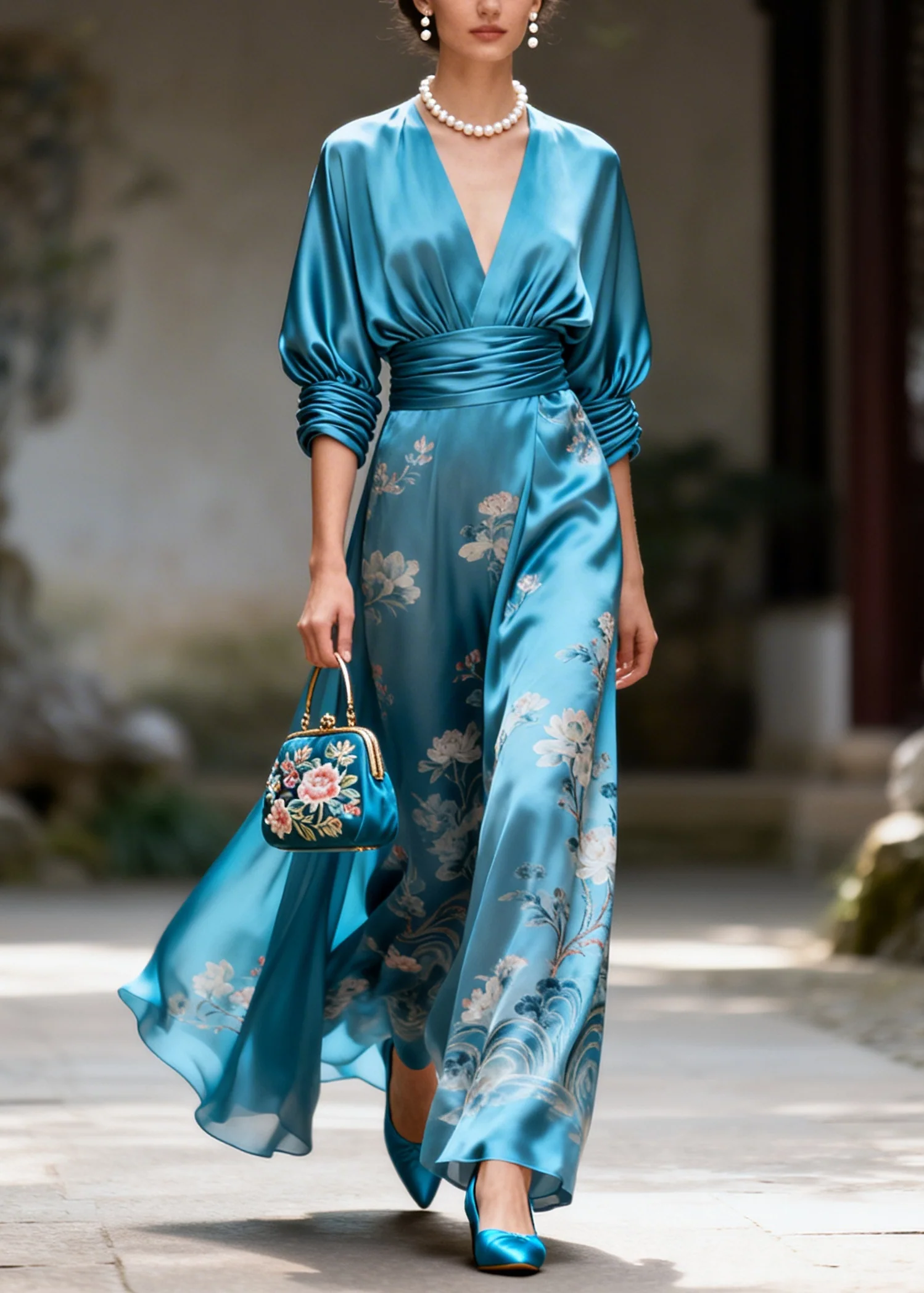 Boutique Blue V Neck Print Silk Holiday Dresses Summer - Image 5