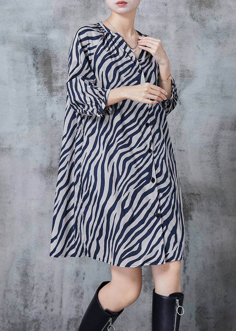 Boutique Blue V Neck Striped Chiffon Work Dress Summer - Image 3