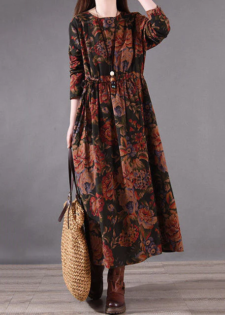 Boutique Brown Cinched Print Cotton Holiday Dress Spring - Image 2
