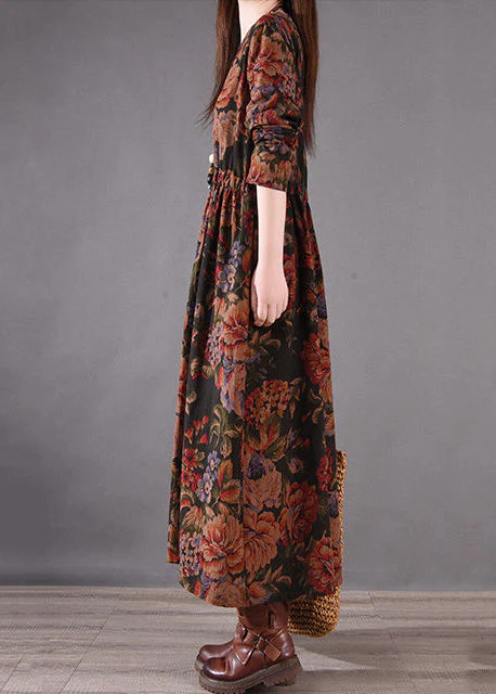 Boutique Brown Cinched Print Cotton Holiday Dress Spring - Image 3