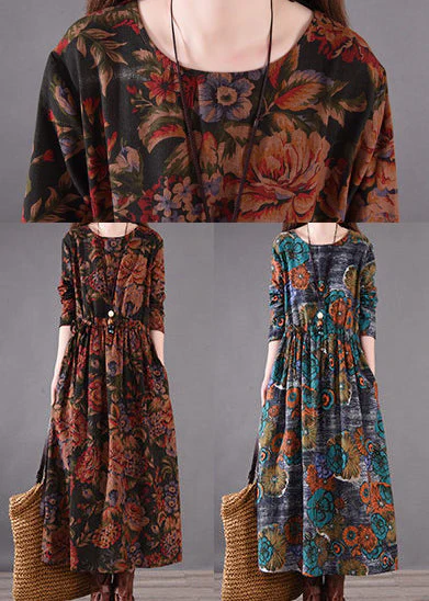 Boutique Brown Cinched Print Cotton Holiday Dress Spring - Image 5