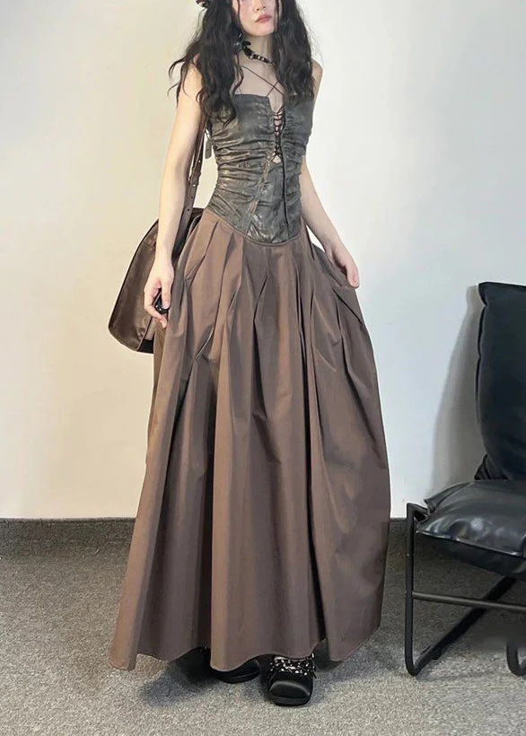 Boutique Brown Cotton Summer Spaghetti Strap Dress Sleeveless - Image 2
