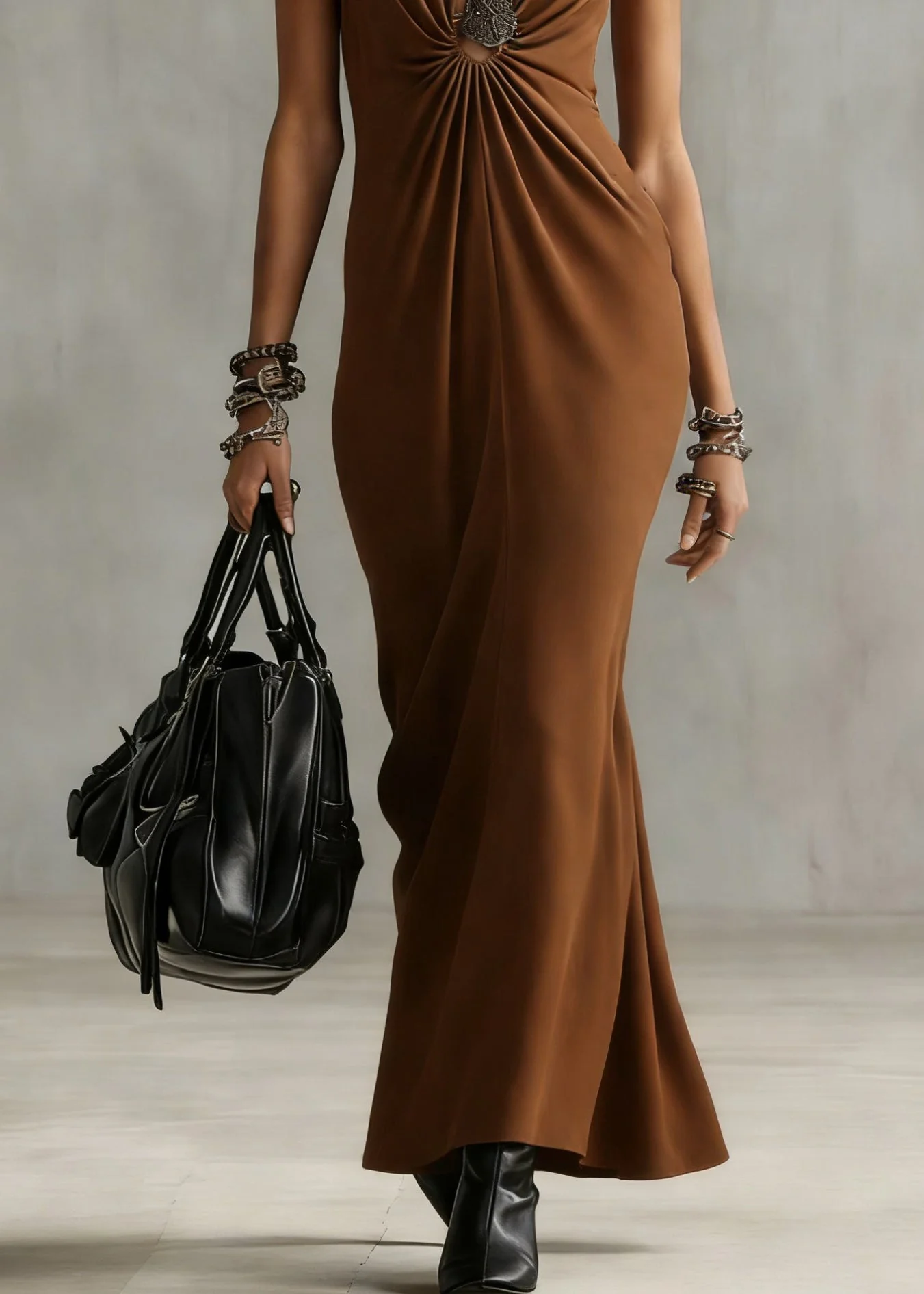 Boutique Brown Hollow Out Wrinkled Maxi Dress Sleeveless - Image 4