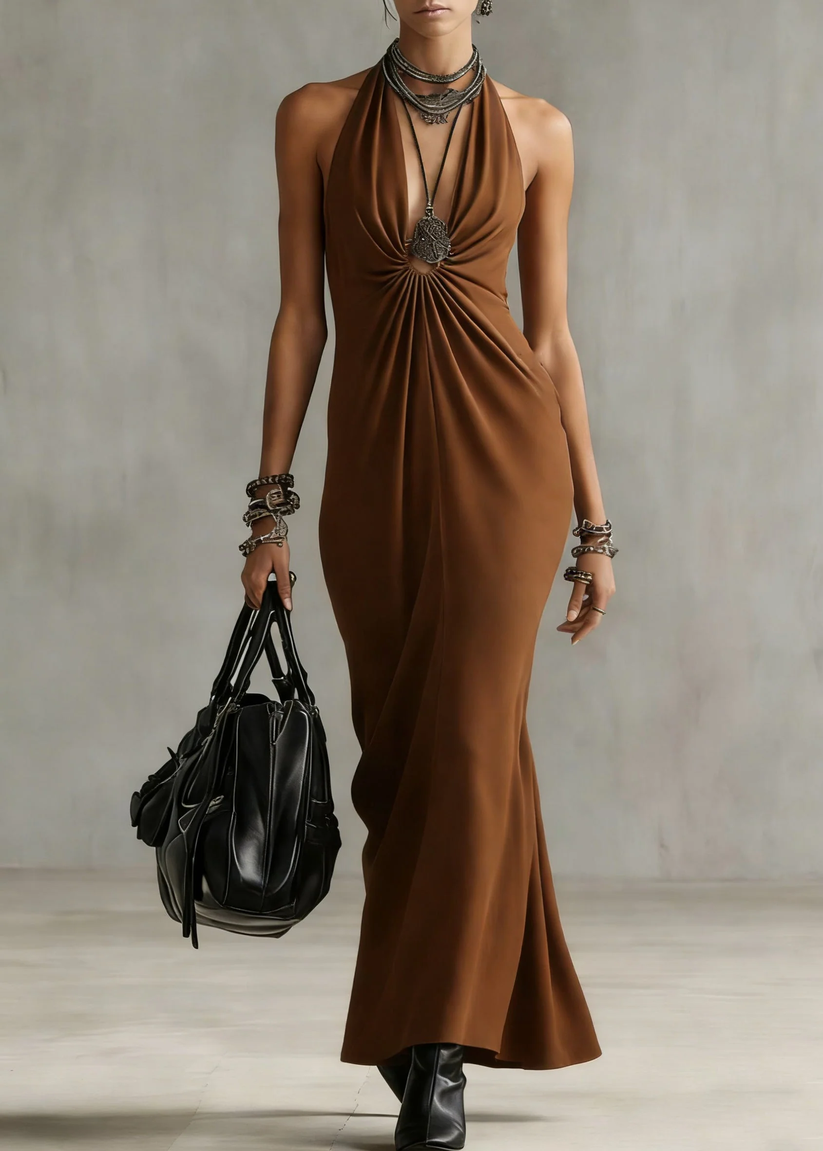 Boutique Brown Hollow Out Wrinkled Maxi Dress Sleeveless - Image 5