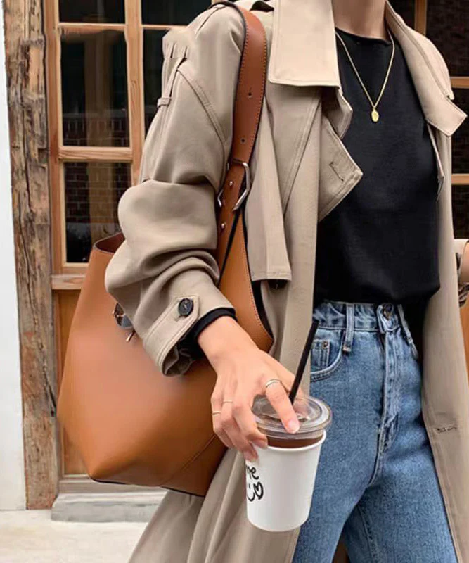 Boutique Brown Large Capacity Faux Leather Bucket Bag - Image 2