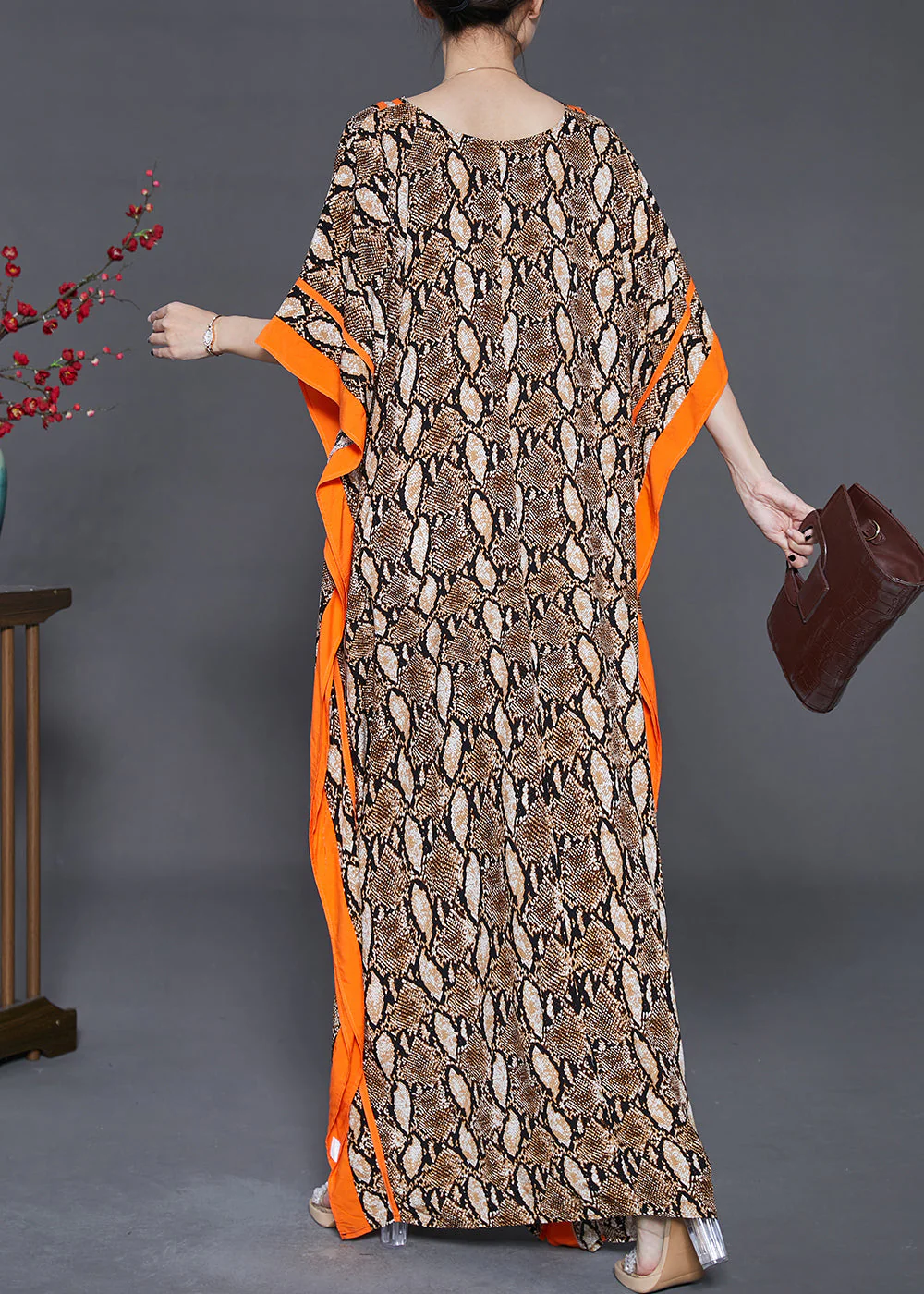 Boutique Brown Oversized Print Chiffon Dress Batwing Sleeve - Image 4