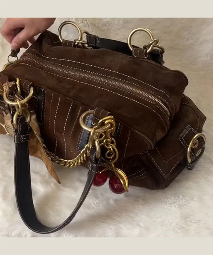 Boutique Brown Patchwork Suede Hobo Bag - Image 3