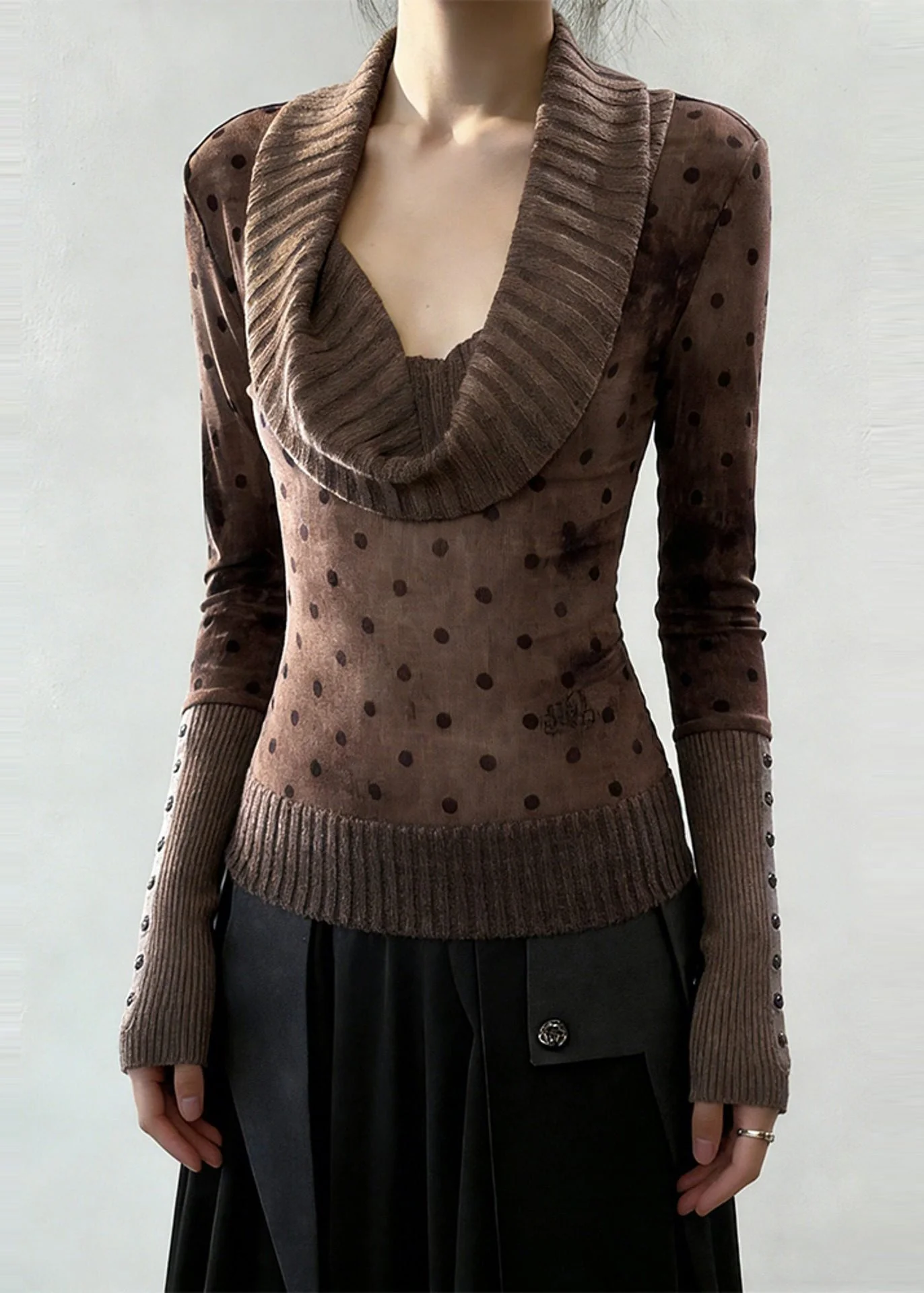 Boutique Brown Turtle Neck Patchwork Cotton Shirt Top Spring - Image 3