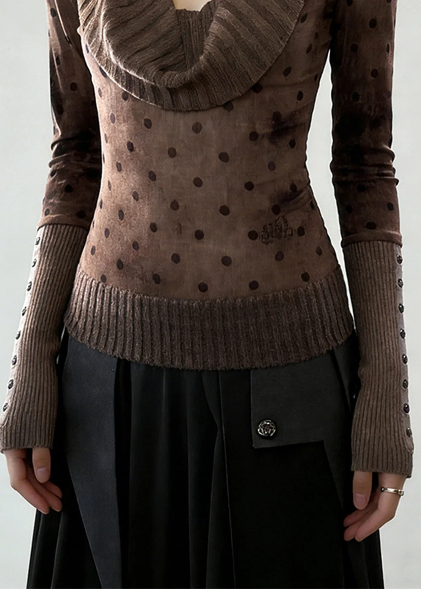 Boutique Brown Turtle Neck Patchwork Cotton Shirt Top Spring - Image 5