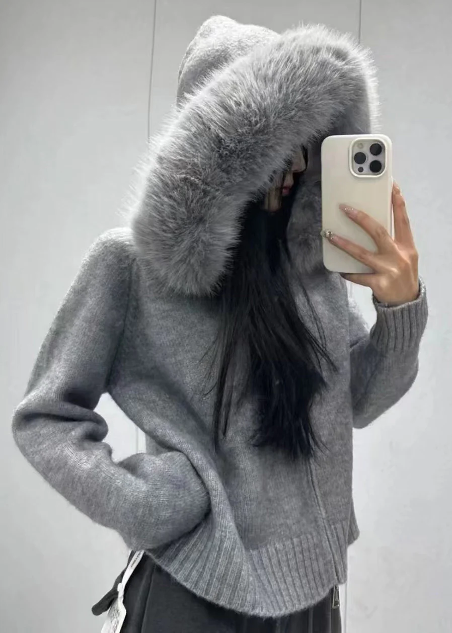 Boutique Camel Hooded Fur Collar Knit Short Coat Spring - Image 3