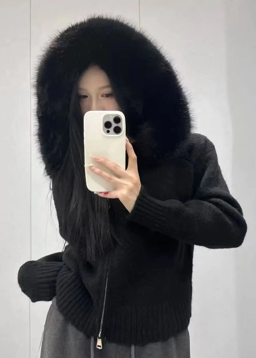 Boutique Camel Hooded Fur Collar Knit Short Coat Spring - Image 4