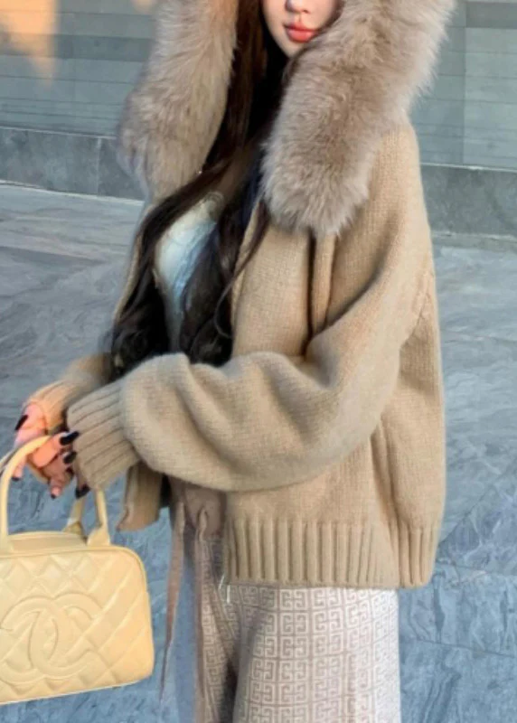 Boutique Camel Hooded Fur Collar Knit Short Coat Spring - Image 5