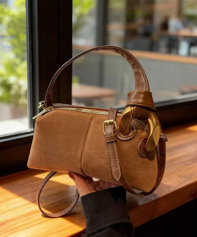 Boutique Camel Solid Durable Patchwork Fine Suede Tote Handbag