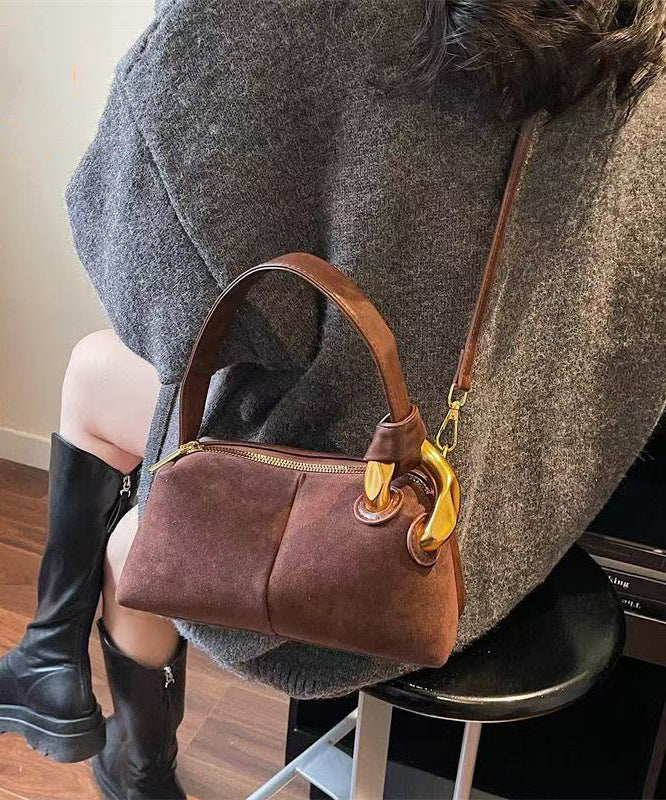 Boutique Camel Solid Durable Patchwork Fine Suede Tote Handbag - Image 4