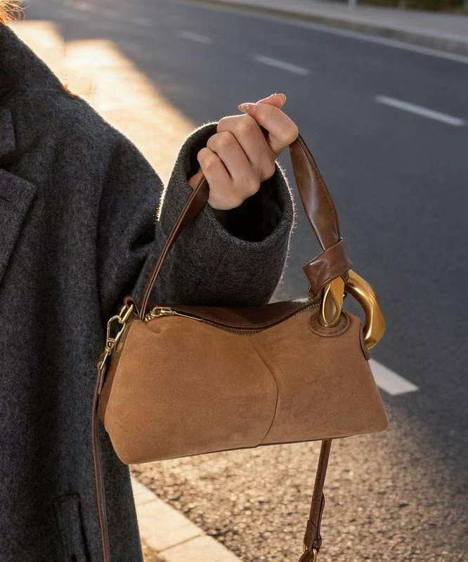 Boutique Camel Solid Durable Patchwork Fine Suede Tote Handbag - Image 5