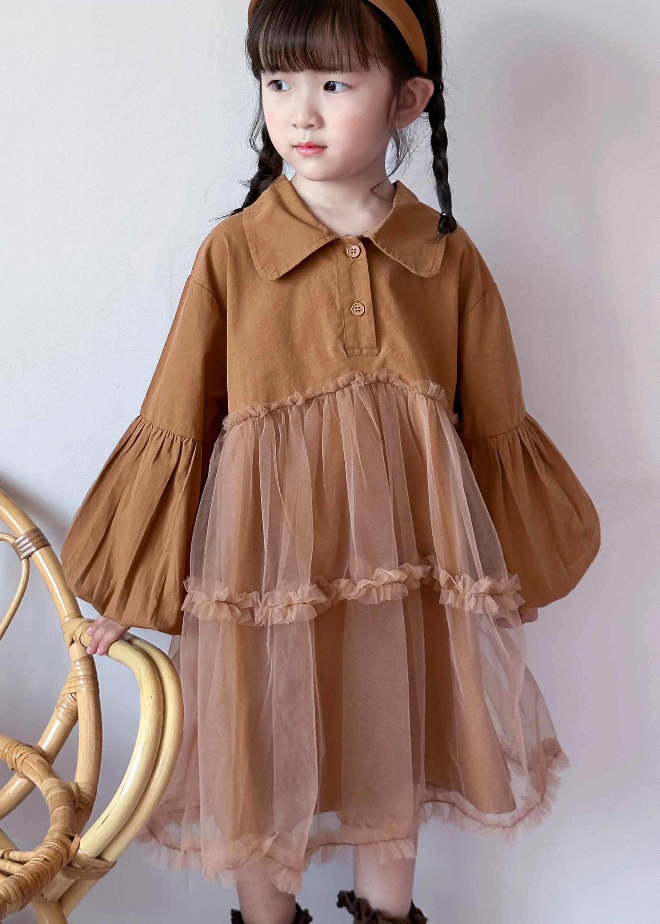 Boutique Caramel Peter Pan Collar Tulle Patchwork Cotton Baby Girls Dress Fall - Image 2