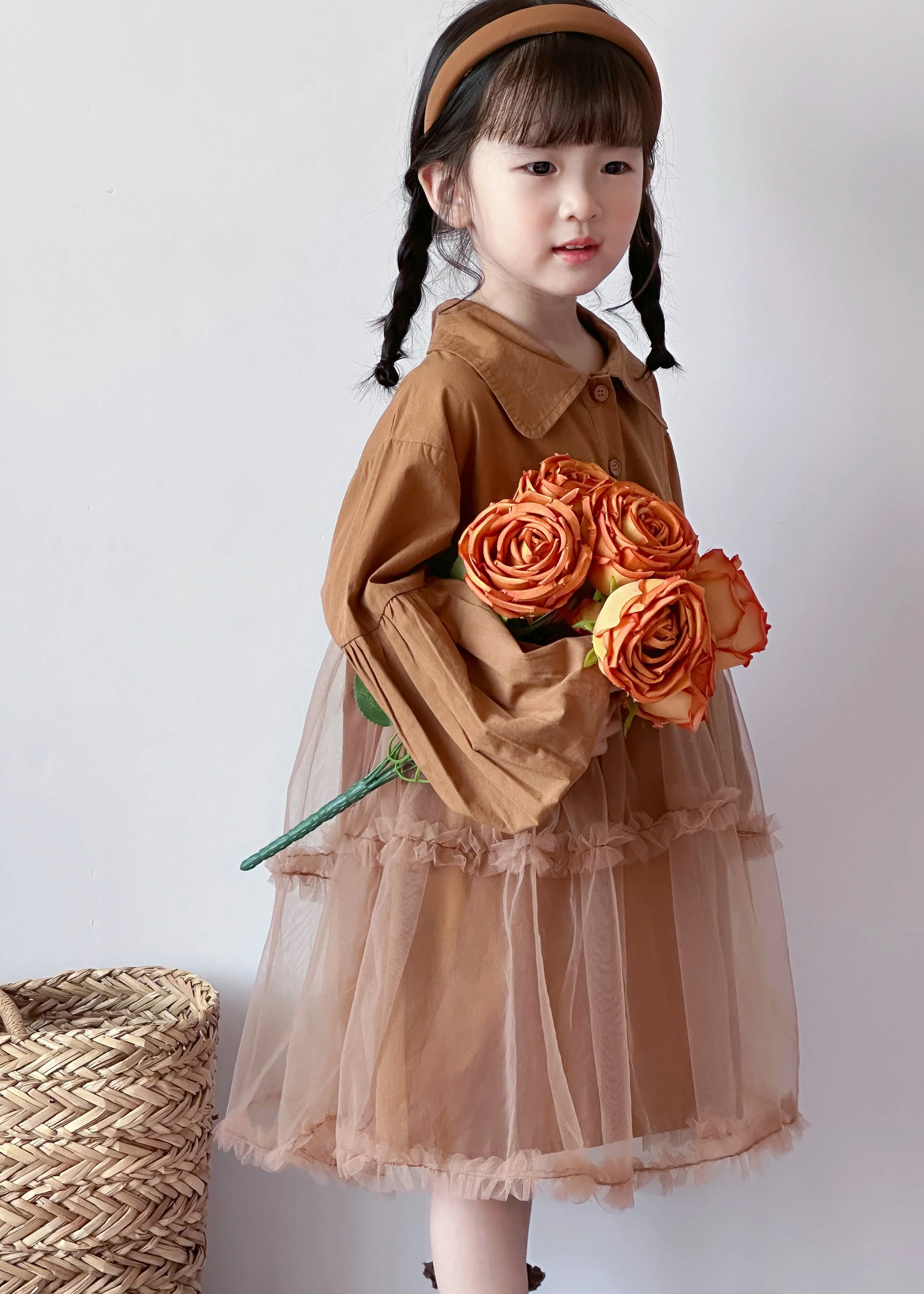 Boutique Caramel Peter Pan Collar Tulle Patchwork Cotton Baby Girls Dress Fall - Image 3
