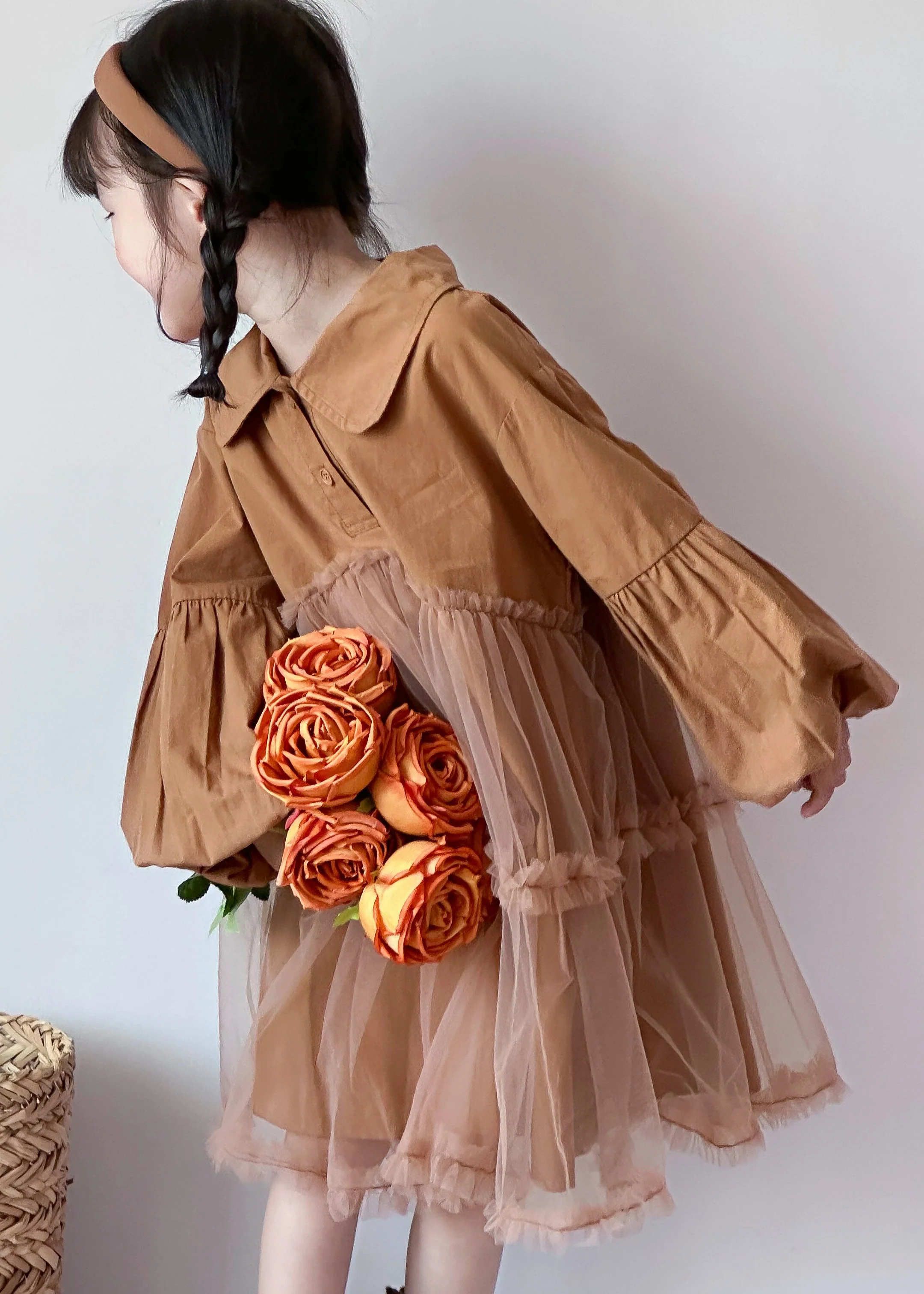 Boutique Caramel Peter Pan Collar Tulle Patchwork Cotton Baby Girls Dress Fall - Image 4